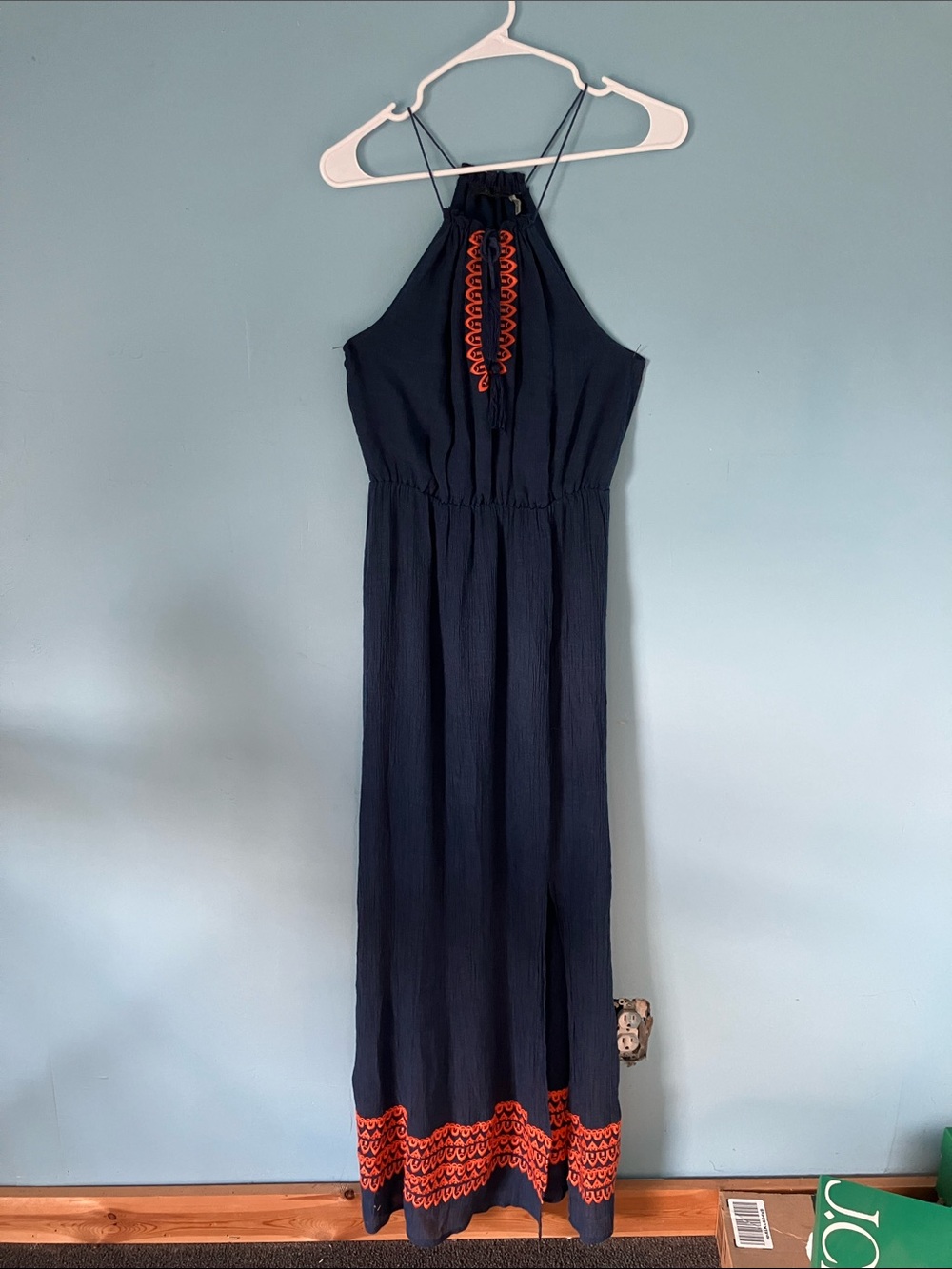 THML Navy Halter Maxi Dress with Orange Embroidered Trim